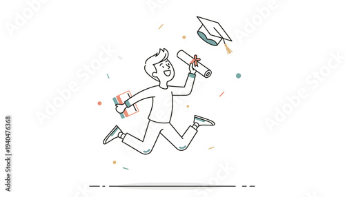 A joyful person runs with diploma and graduation cap, celebrating academic achievement in a lively scene from a dynamic viewpoint