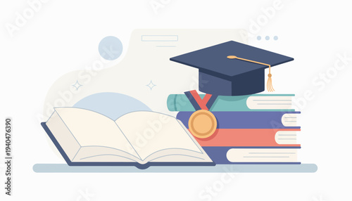 Graduation ceremony illustration featuring books, medal, and graduation cap on a stack of educational materials
