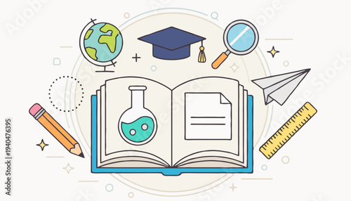 An open book with a beaker and globe surrounded by educational icons and stationary on a minimalist background