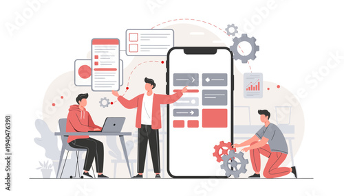 Team collaborating on mobile app development project with graphic elements and devices