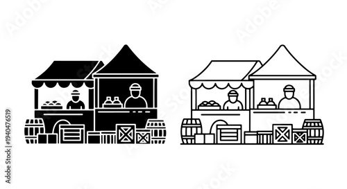 Market stall with barrels and goods icon