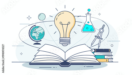 An open book with a lightbulb, globe, and scientific equipment on a stack of books, symbolizing education and discovery from a straightforward viewpoint
