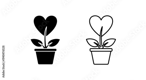 Heart shaped plant in pot icon - love and growth concept
