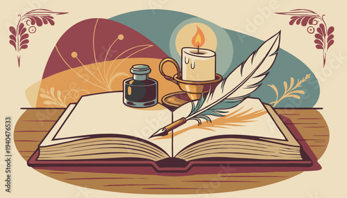 A serene illustration of an open book with a quill and ink on a wooden desk with a lit candle nearby in a cozy environment from a straightforward viewpoint