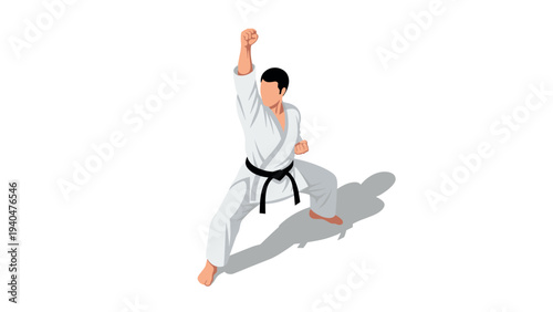 Martial artist in karate gi executing punch with raised fist in dynamic pose