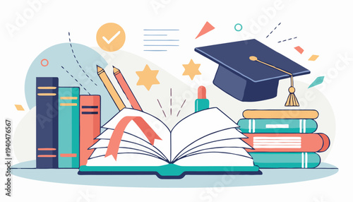 An open book surrounded by colorful textbooks, pencils, and a graduation cap on a serene background, viewed from directly above.