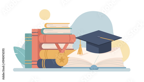 Graduation ceremony illustration featuring books, medal, and graduation cap on open book