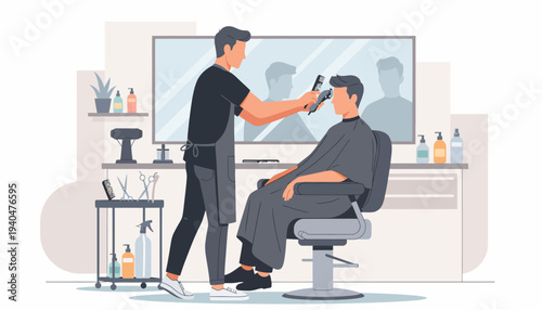 A barber cutting a man's hair in a modern barbershop, viewed from the side.