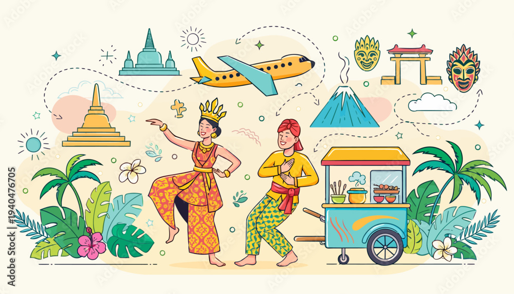 Naklejka premium Vibrant illustration of travelers dancing near a colorful cart surrounded by tropical plants and cultural symbols