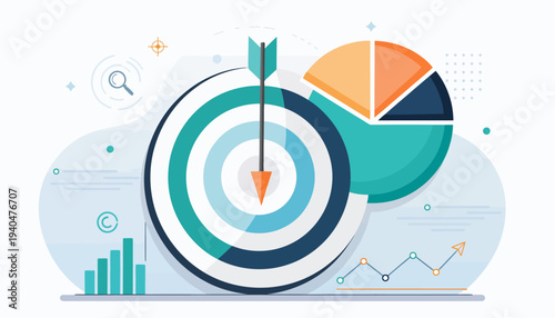 A colorful illustration of a target with an arrow hitting the center surrounded by charts and graphs on a subtle background