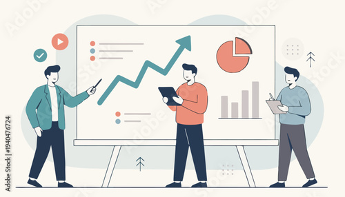 Three professionals analyzing business growth data on a large digital display showcasing charts and graphs