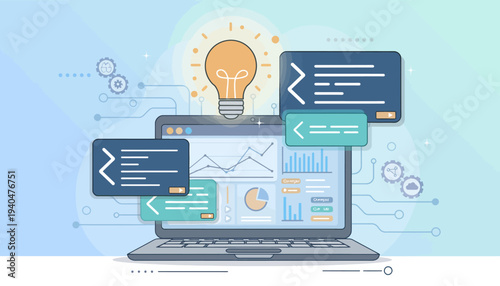 Laptop screen displaying coding symbols and a lightbulb surrounded by software development icons