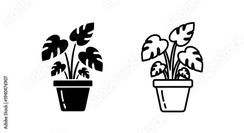 Monstera plant in pot icon, tropical houseplant symbol
