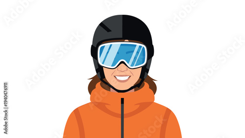 Smiling woman in ski helmet and goggles in minimalist style