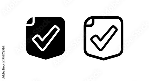 Rounded document with check mark icon, approval symbol set