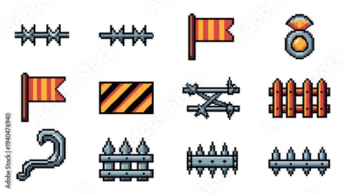 Retro pixel icons: flags, barriers, and spikes in vibrant 8-bit style