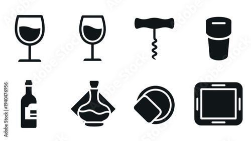 Minimalist beverage icons: wine glasses, corkscrew, whiskey, and coasters