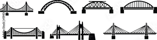 Global Bridges Silhouette Set: Suspension, Arch, Truss, and Cable-Stayed Engineering Icon Pack