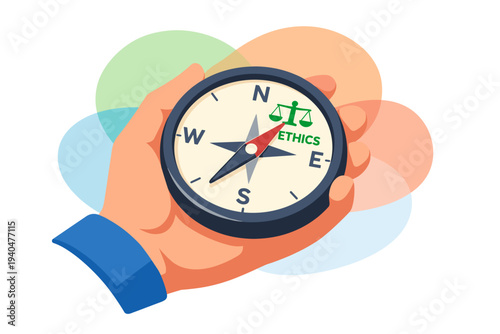 Hand holding a compass pointing towards ethics concept.