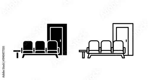 Waiting room seating and door icon, black and white graphic
