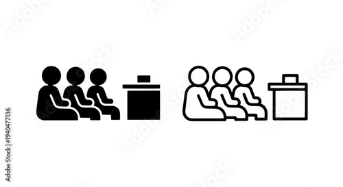 People waiting in line icon, black and white graphic
