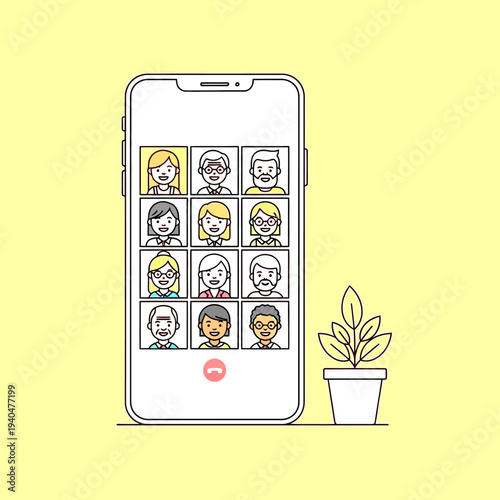 Online video conference call displayed on a smartphone screen with multiple diverse participants. Remote work, virtual meeting, digital communication.