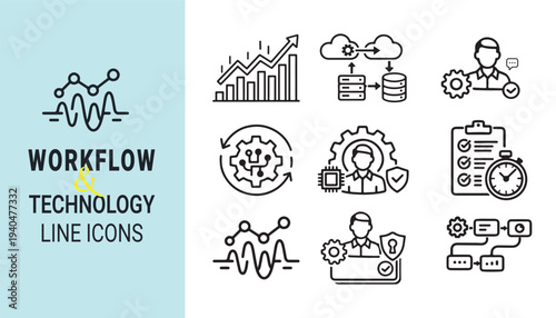 Minimalist Technology Line Icons Set with Cloud Computing, Workflow Automation, Analytics and Engineer Support Symbols