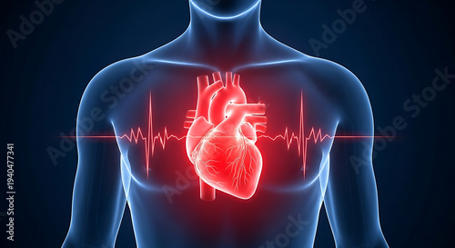 Digital Human Heart Glowing in Transparent Chest with ECG Wave on Dark Background, Medical Anatomy 3D