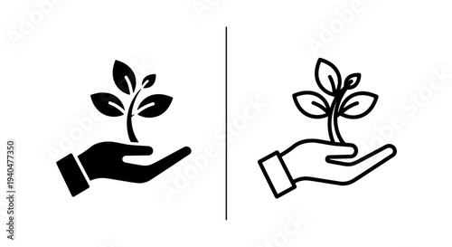 Hand holding plant sprout icon, growth and care concept