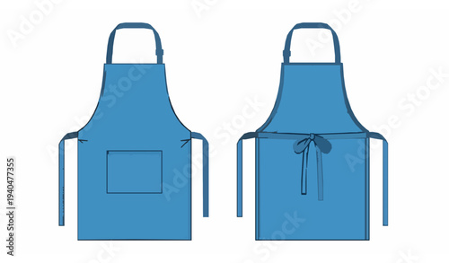 Blue Kitchen Apron Uniform Flat Technical Drawing Front and Back CAD Vector