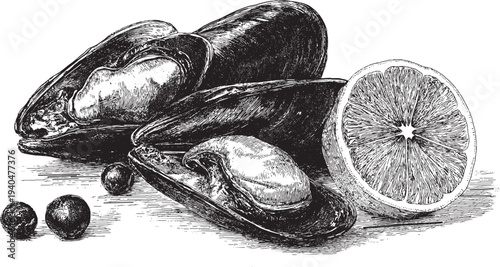 Stuffed Mussels illustration on a white background. Lemon slice, rice texture visible inside the shell. This vector illustration can be used in any size you like for advertising, logos, and other work