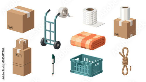 Isometric moving essentials: boxes, dolly, supplies, and tools for efficient relocation