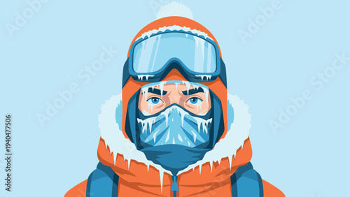 Winter explorer with snow gear and frosty details in minimalist style