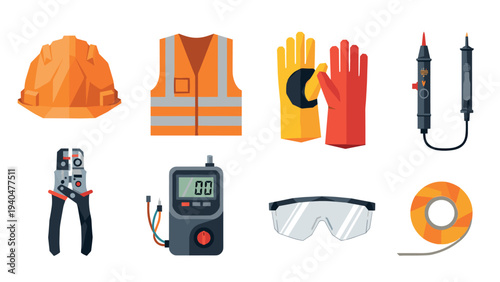 Construction safety equipment icons set featuring tools and protective gear in flat design