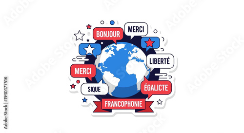 International Day of the Francophonie Colorful Language Celebration Sticker Vector with Globe and French Words