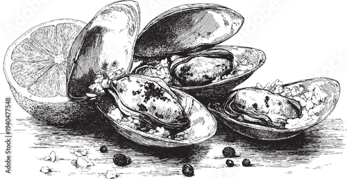 Stuffed Mussels illustration on a white background. Lemon slice, rice texture visible inside the shell. This vector illustration can be used in any size you like for advertising, logos, and other work