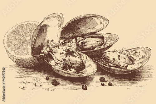 Stuffed Mussels illustration in a vintage style. Lemon slice, rice texture visible inside the shell. This vector illustration can be used in any size you like for advertising, logos, and other work.