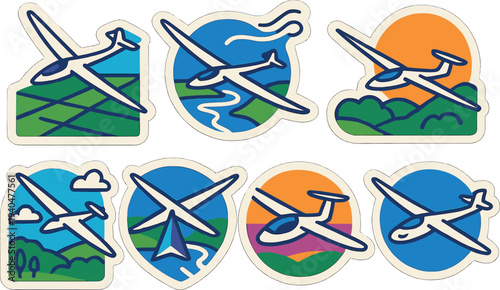 Colorful glider aircraft stickers with nature scenery in bold line art style