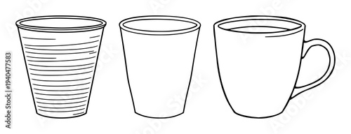 Elegant single cup in minimalist line art illustration, flat silhouette, clean geometric design, perfect for modern coffee shop branding and packaging