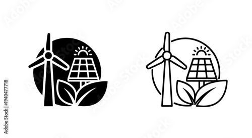 Renewable energy icons: wind turbine, solar panel, leaves