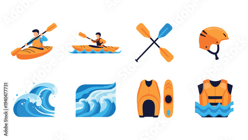 Colorful water sports icons: kayaking, waves, safety gear and paddles in flat style