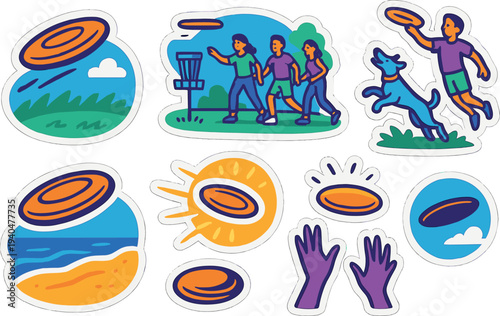 Colorful frisbee adventure with friends and dog in dynamic outdoor scenes