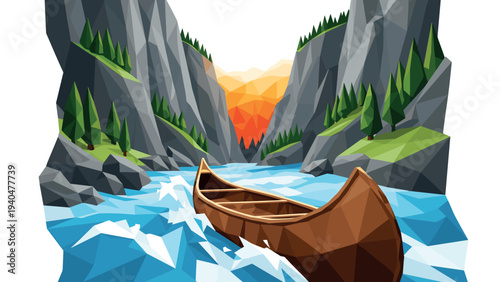 Geometric canoe journey through mountain river at sunset