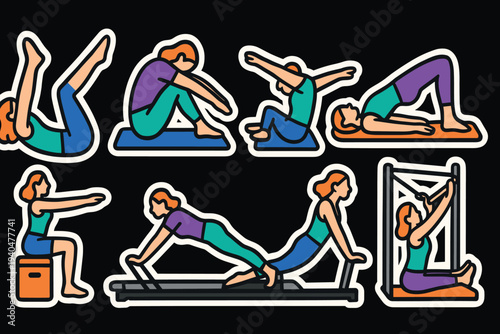 Colorful yoga and pilates exercise stickers with female figures on black background