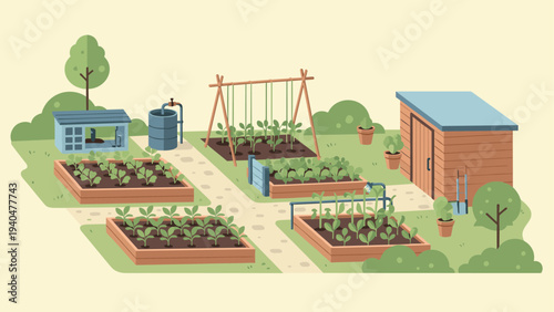Sustainable gardening: modern flat design of organic vegetable garden