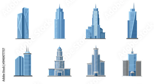Modern skyscrapers collection in flat design with blue tones