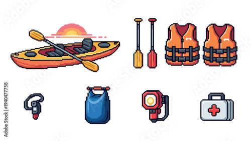 Pixel art set of kayaking gear and accessories for outdoor adventure