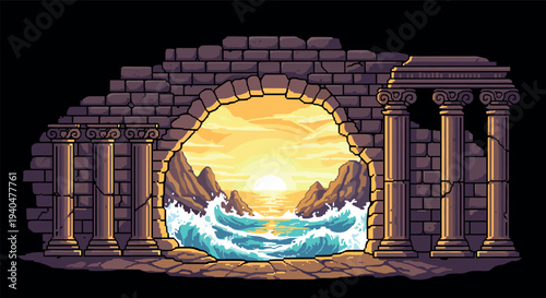 Ancient ruins with ocean view at sunrise in pixel art style