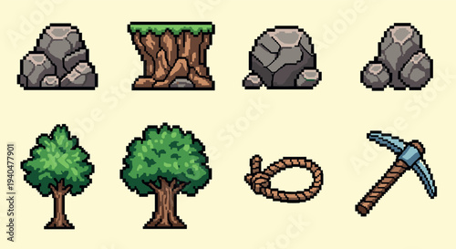 Pixel art game assets: rocks, trees, tools for adventure game design
