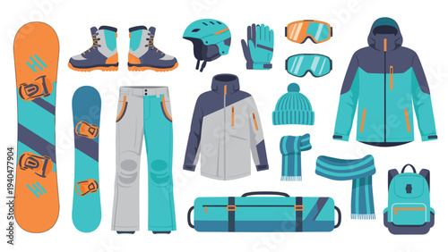 Winter sports gear essentials: modern snowboarding equipment and apparel collection